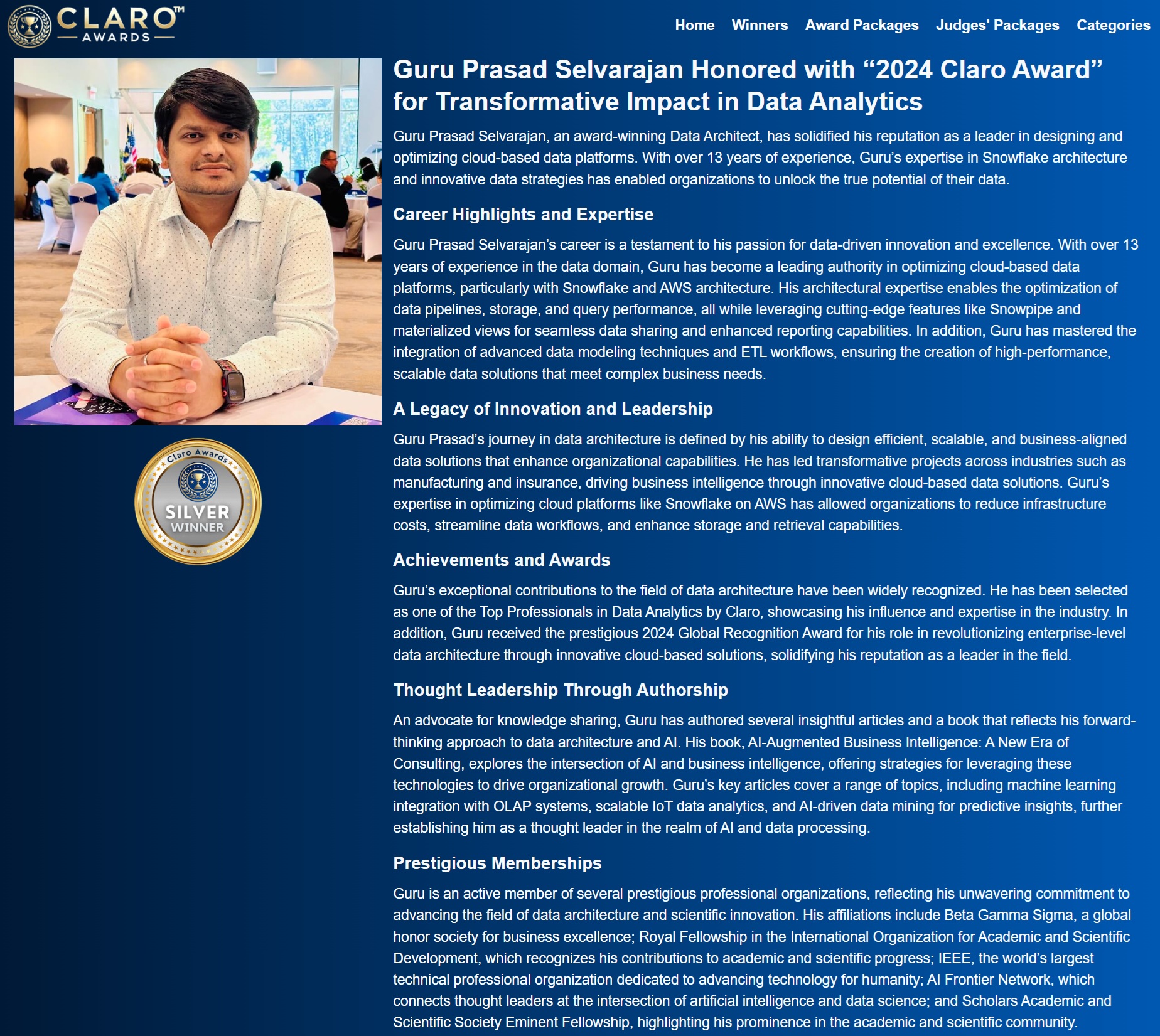 Article: Guru Prasad Selvarajan Honored with “2024 Claro Award” for Transformative Impact in Data Analytics